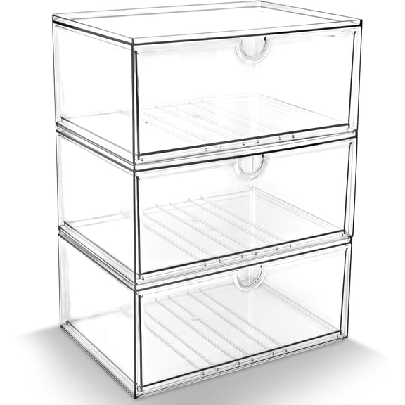 Acrylic Makeup Organizer, 3 Pack Stackable Clear Storage Drawers for Baby Bottles Desk Organizers with 3 Drawers for Countertop Vanity Nursery Modular System for Cosmetics Jewelry