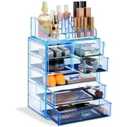 Acrylic Makeup Organizer - Cosmetic and Jewelry Storage Case Display - 2-Piece Women's Accessories Set with 7 Drawers and 16 Comportment Slots - Blue