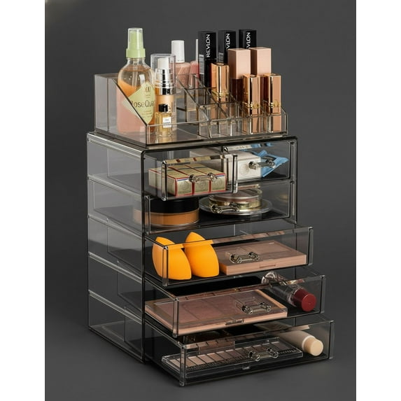 Acrylic Makeup Organizer Set, 6-Drawer Vanity & Countertop Cosmetic Storage with Small & Wide Compartments, Black-Tint Makeup Storage for Brushes, Jewelry – Holiday Gift for Women & Teens