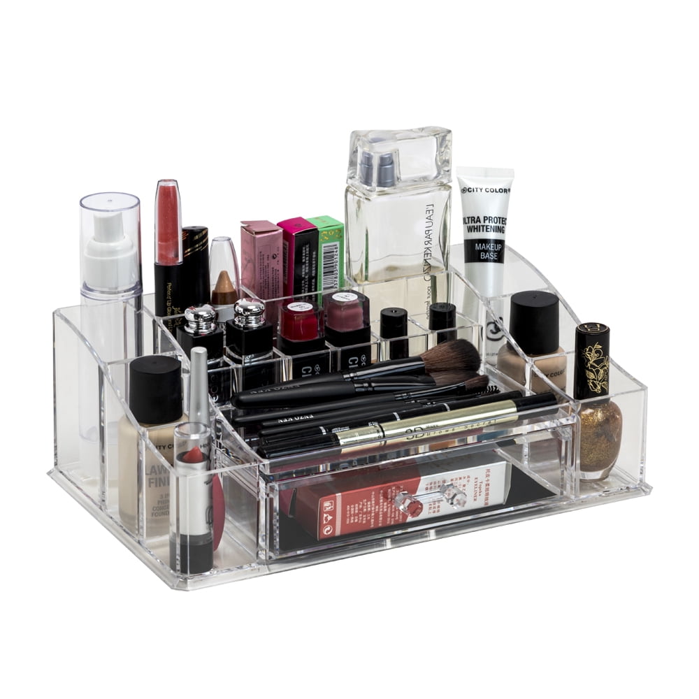 No-Drill Clear Acrylic Makeup Organizer Wall Mounted with Adhesive Stickers  or Screws, 15” Clear Acrylic Bathroom Organizer Shelf