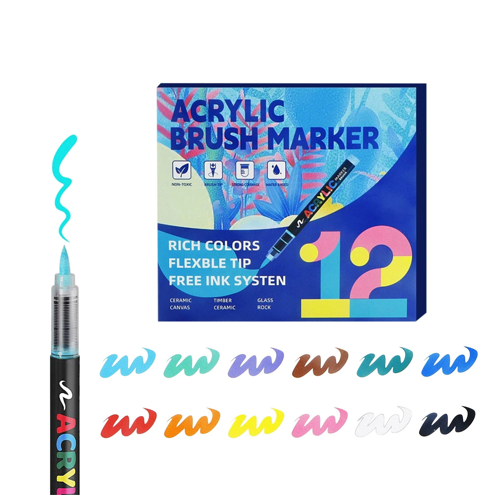 Acrylic Marker Pens Set with Soft Brush Tip – Paint on Tiles Glass Ceramic Rock, Diy Art Supplies for Home Decor, Vibrant Colors Quick Drying, Ideal for Crafts & Custom Designs 12Pcs Ciozy