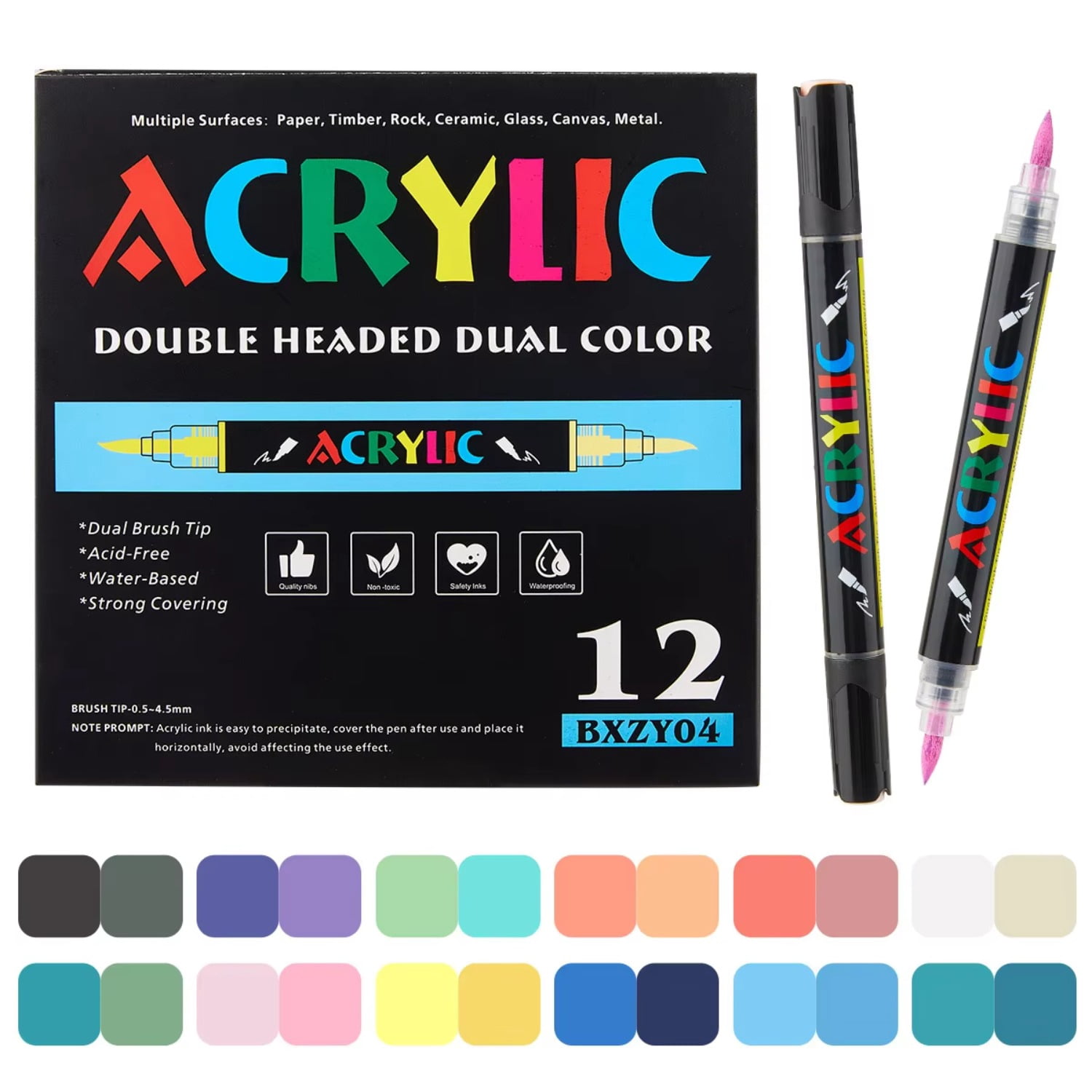 Acrylic Marker With Dual Brush Tips Dual Color,Automatic Ink Control For Rock,Wood,Ceramic,Glass,Stone,Fabric,DIY Crafts Textile
