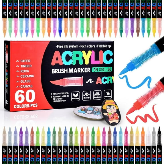 Acrylic Markers, Soft Brush Tip Acrylic Paint Pens, Quick-Drying Waterproof Acrylic Paint Markers for Canvas, Rock Painting, Wood, Stone, Glass, Ceramic, Fabric Painting, Art Supplies