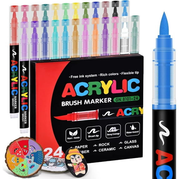 Acrylic Markers, Soft Brush Tip Acrylic Paint Pens, Quick-Drying Waterproof Acrylic Paint Markers for Canvas, Rock Painting, Wood, Stone, Glass, Ceramic, Fabric Painting, Art Supplies