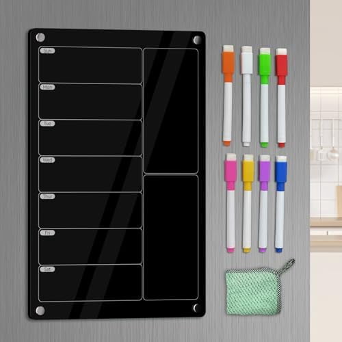 Acrylic Meal Planner Magnetic Menu Board for Kitchen Fridge,Magnetic Black Weekly Calendar Planner Board Refrigerator Dry Erase Board to Do Chore Chart,Grocery/Shopping List,12"x8"$$Office