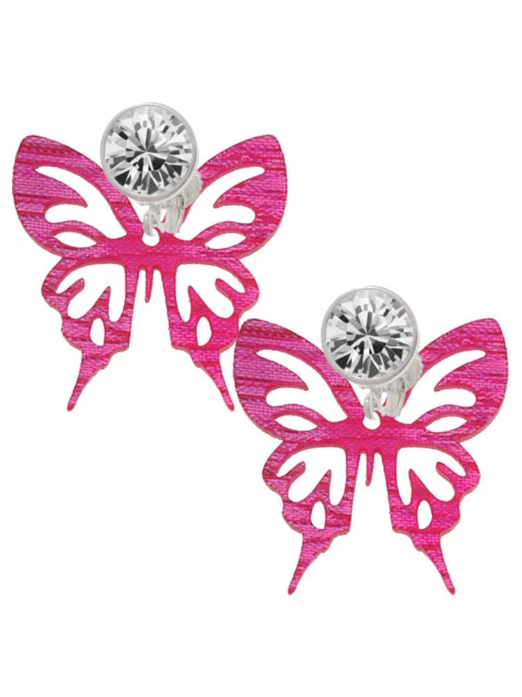 Acrylic Medium Cut Out Butterfly Magenta Clear Crystal Clip On Earrings