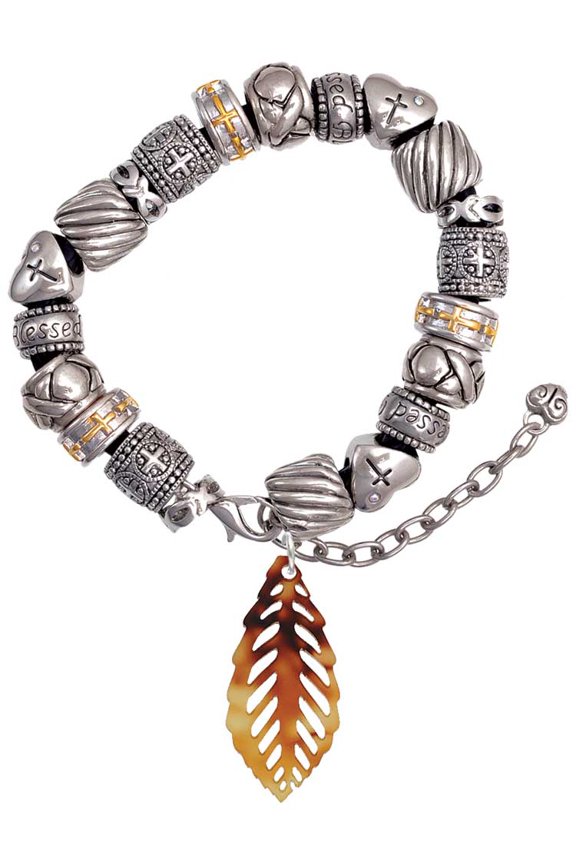 Acrylic Medium Leaf Mixed Brown and Yellow Silver Tone Christian Bead Bracelet