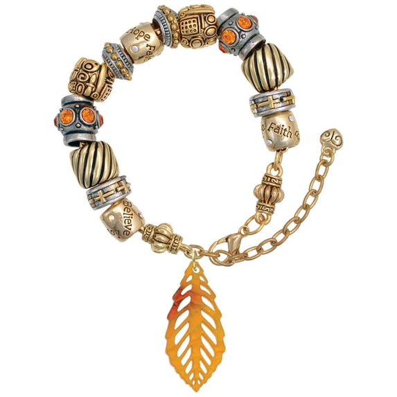 Acrylic Medium Leaf Orange Mixed Brown and Yellow Two Tone Christian Bead Bracelet