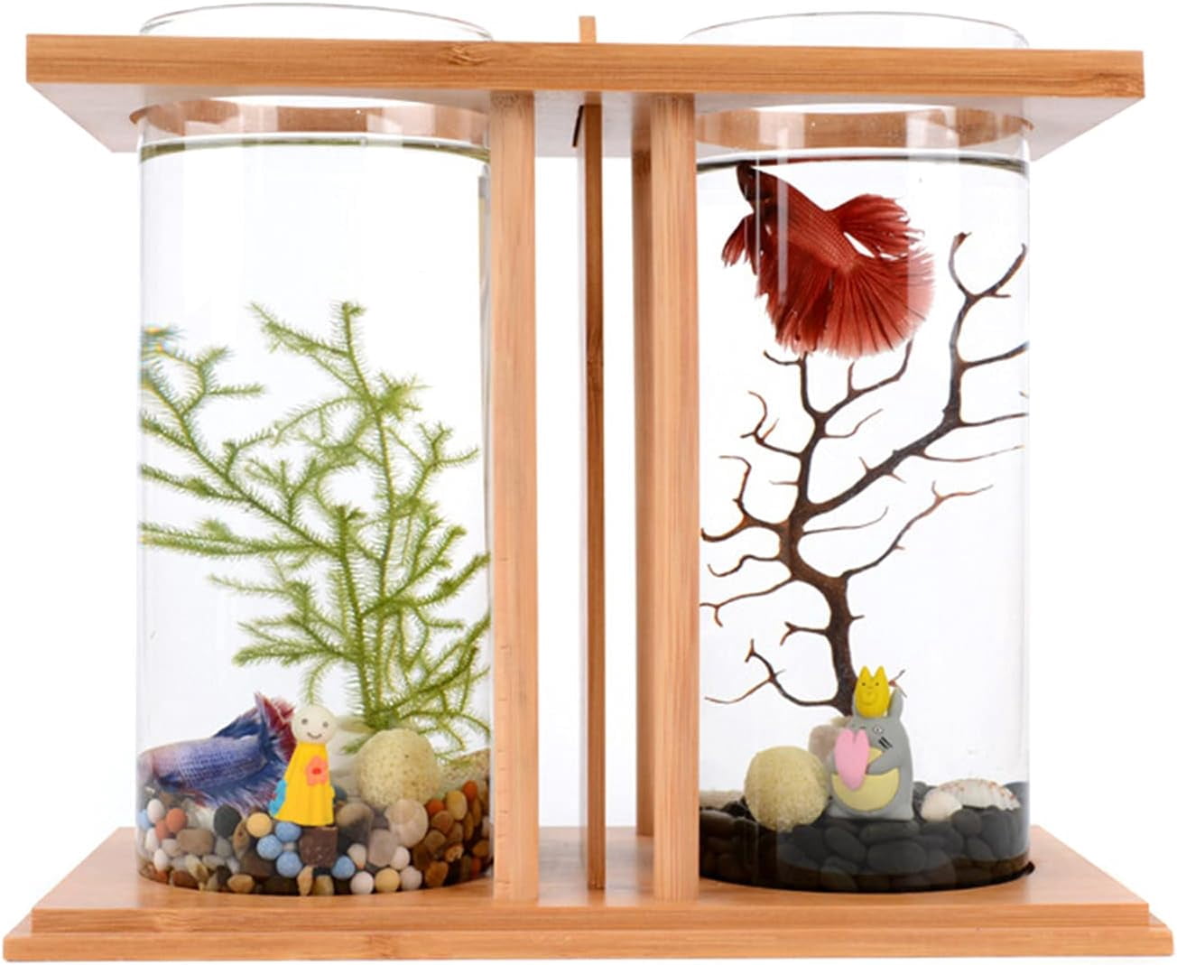 Acrylic Mini Fish Tank,Creative Wood Desktop Mini Aquarium Tank Bowl with LED Light for Goldfish Betta Small Fish Aquarium Small Fish Tank Office Business Home Decor