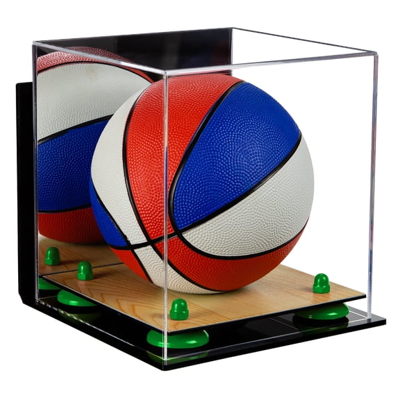Acrylic Mini - Miniature (not Full Size) Basketball Display Case with Mirror, Wall Mount, Green Risers and Wood Floor (A015-GRR)