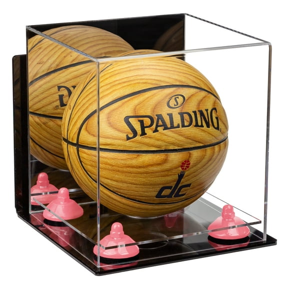 Acrylic Mini - Miniature (not Full Size) Basketball Display Case with Mirror, Wall Mount, Pink Risers and Clear Base (A015-PNR)