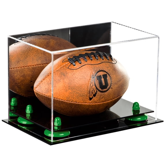 Acrylic Mini - Miniature (not Full Size) Football Display Case with Mirror and Green Risers (A005-GRR)