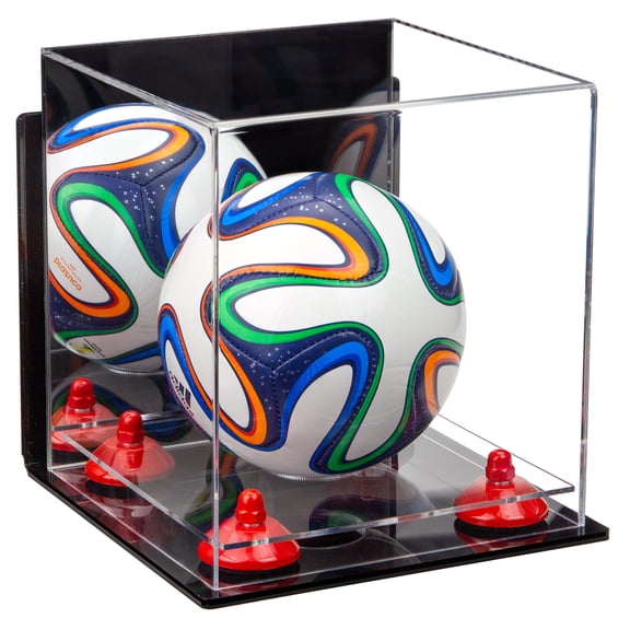 Acrylic Mini - Miniature (not Full Size) Soccer Ball Display Case with Mirror, Wall Mount, Red Risers and Clear Base (A015-RR)