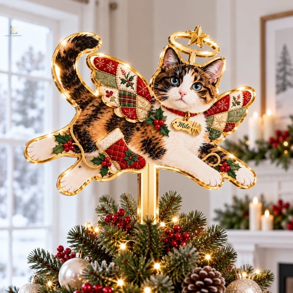 Acrylic Mirror Christmas Tree Topper, Personalized Angel Cat with ...