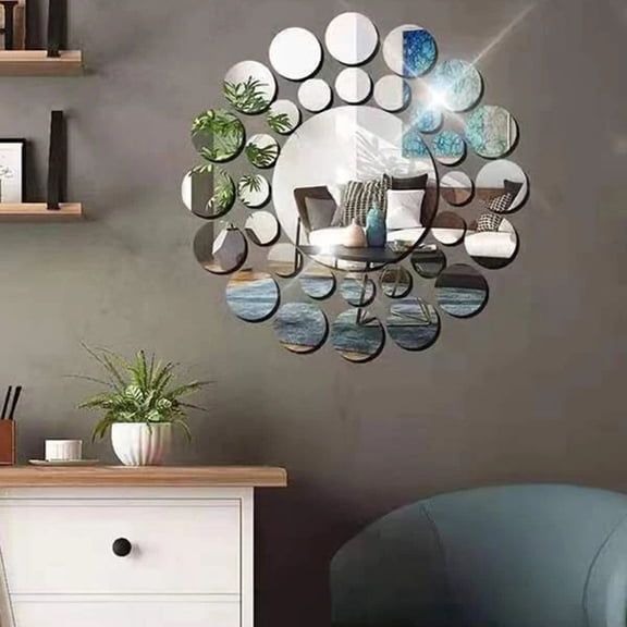 Acrylic Mirror Wall Stickers, Rvkxad 33pcs Round 3D Mirror Decals, Shatterproof Scratch-Resistant Self-Adhesive Wall Decor, DIY Personalized Size for Living Room Bedroom Dining Room Entrance