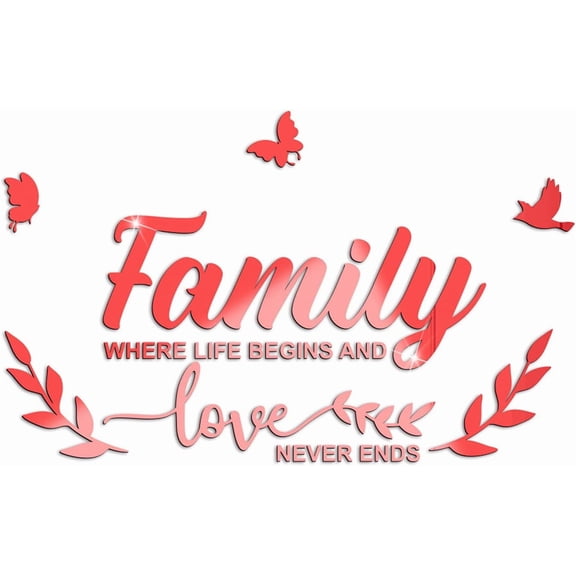Acrylic Mirror Wall Stickers Word Family and Butterfly Mirror Stickers Set Red Quotes Wall Stickers Mirror Wall Decal for Home Dorm Decoration 14.5x23.6in Red