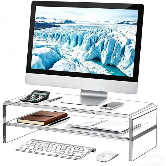 Acrylic Monitor Stand, 2 Tier Riser with Storage Shelf, Clear, 16/20 Inch, Home Office Desk Organizer (20in)