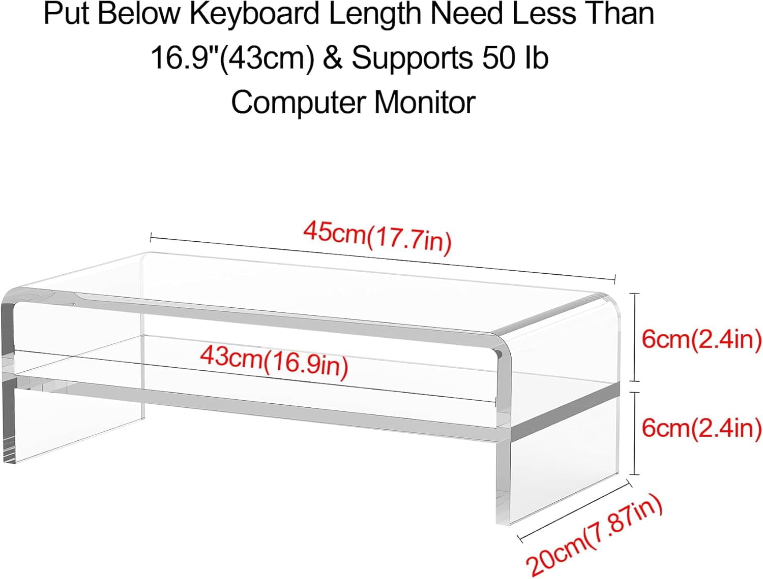 Acrylic Monitor Stand 2 Tiers Computer Riser 18x8x5.5 Inch Desktop Organizer for Office Home School Keyboard Storage