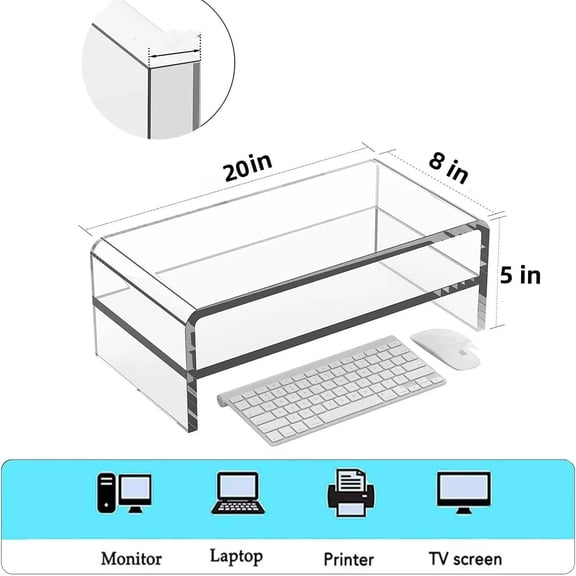Acrylic Monitor Stand 20 Inch - 2 Tier Riser with Storage Shelf for PC Laptop TV, Ergonomic Desk Organizer