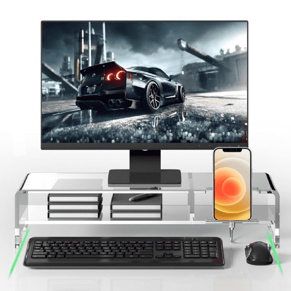 Acrylic Monitor Stand for Full Keyboard, 20" Wide 2-Tier Riser with Storage Shelf and Phone Holder, Desktop Organizer for Laptop, Printer, Screen (Clear)