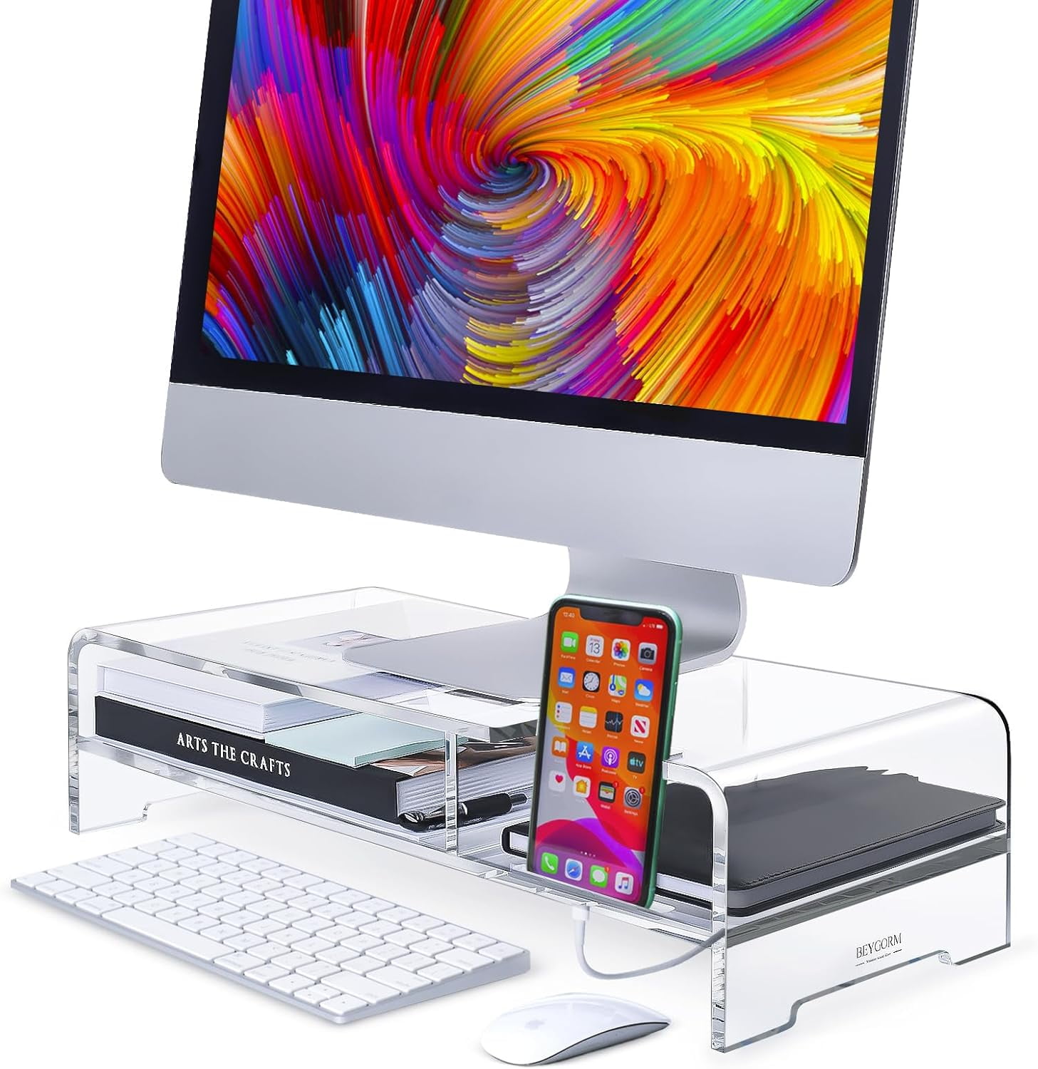 Acrylic Monitor Stand for Full Keyboard, 20" Wide 2-Tier Riser with Storage Shelf and Phone Holder, Desktop Organizer for Laptop, Printer, Screen (Clear)
