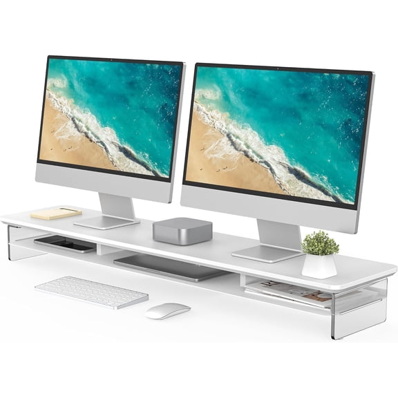 Acrylic Monitor Stand Riser, 42.5 Inches Dual Monitor Stand with Metal Storage, 2 Tier Acrylic Computer Riser for Desk, Clear Laptop Stand for PC, Laptop, Printer, TV, White