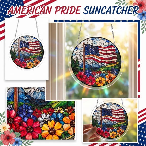 Acrylic Mosaic Sun Catcher Wall Hanging Decor, Glass Style Window Panel, Patriotic Home Art Ornament for Indoor/Outdoor, 7.87 Inch Round