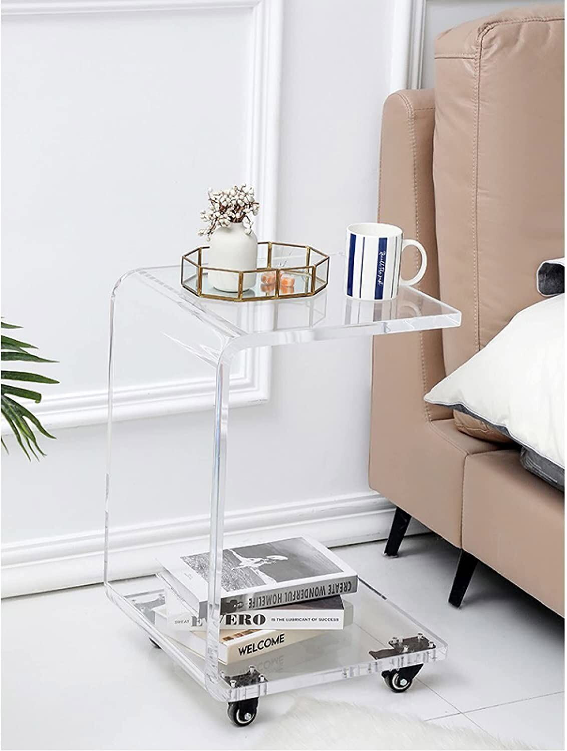 Acrylic Small Bedside Side Table Movable Clear C Shaped End Snack Table on Wheels Walmart