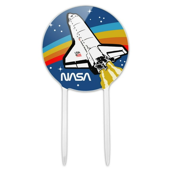 Acrylic NASA Logo Over Space Shuttle with Rainbow Cake Topper Party Decoration for Wedding Anniversary Birthday Graduation