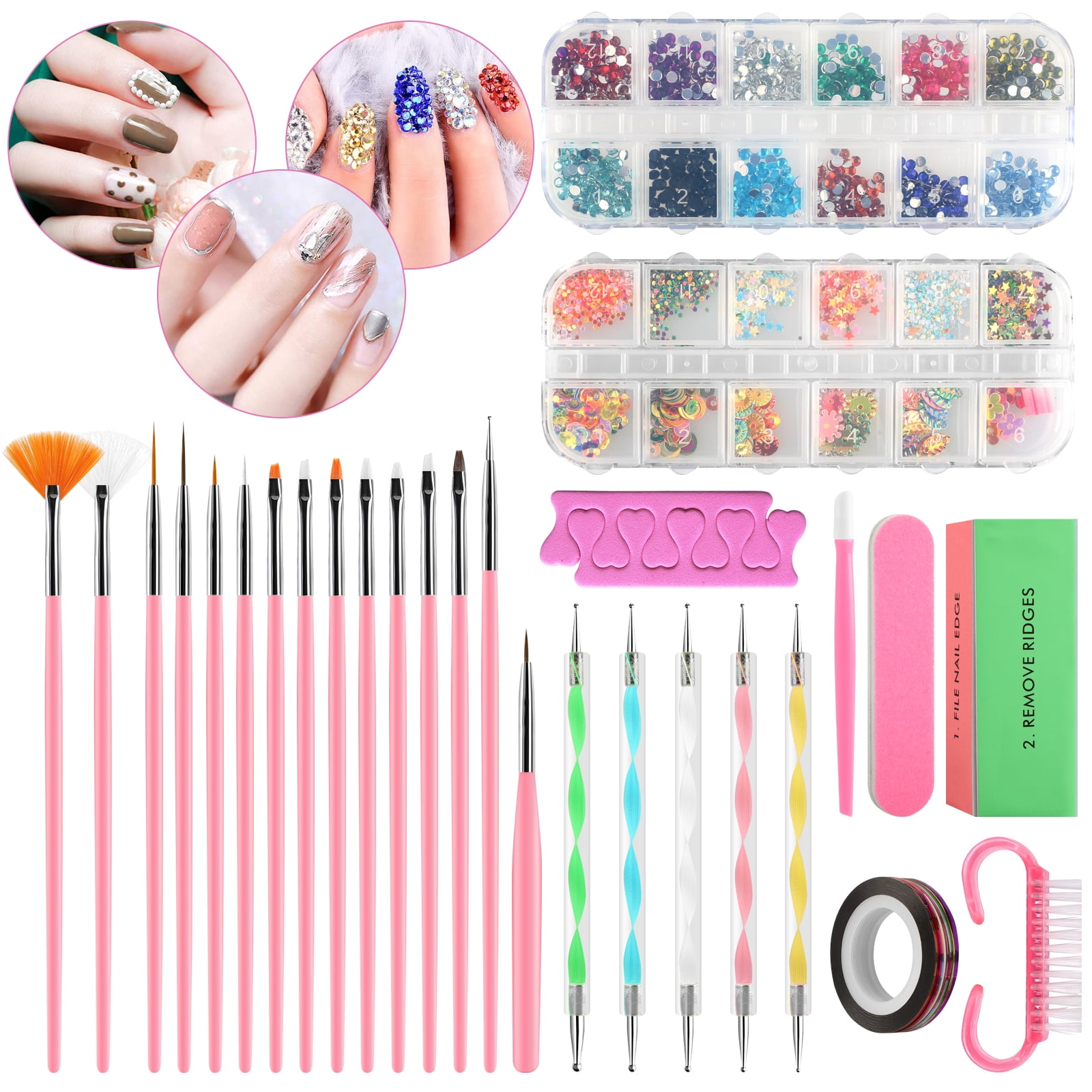 Complete Nail Art Kit with Crystals Glitter Dotting Pen Brushes Stripe Tapes and Accessories