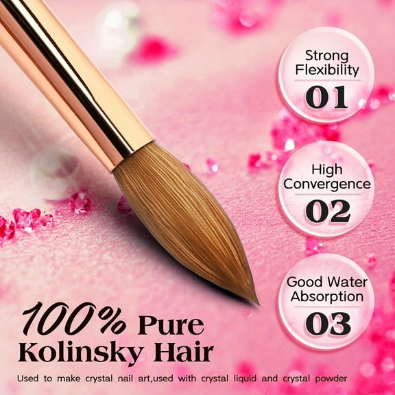 Acrylic Nail Brush Pure Kolinsky Acrylic Brushes for Nails Size 10 Crimped Oval Nail Brushes for Acrylic Application Pink Rhinestone Metal Handle Acrylic Powder Brush Professional Manicure Tool