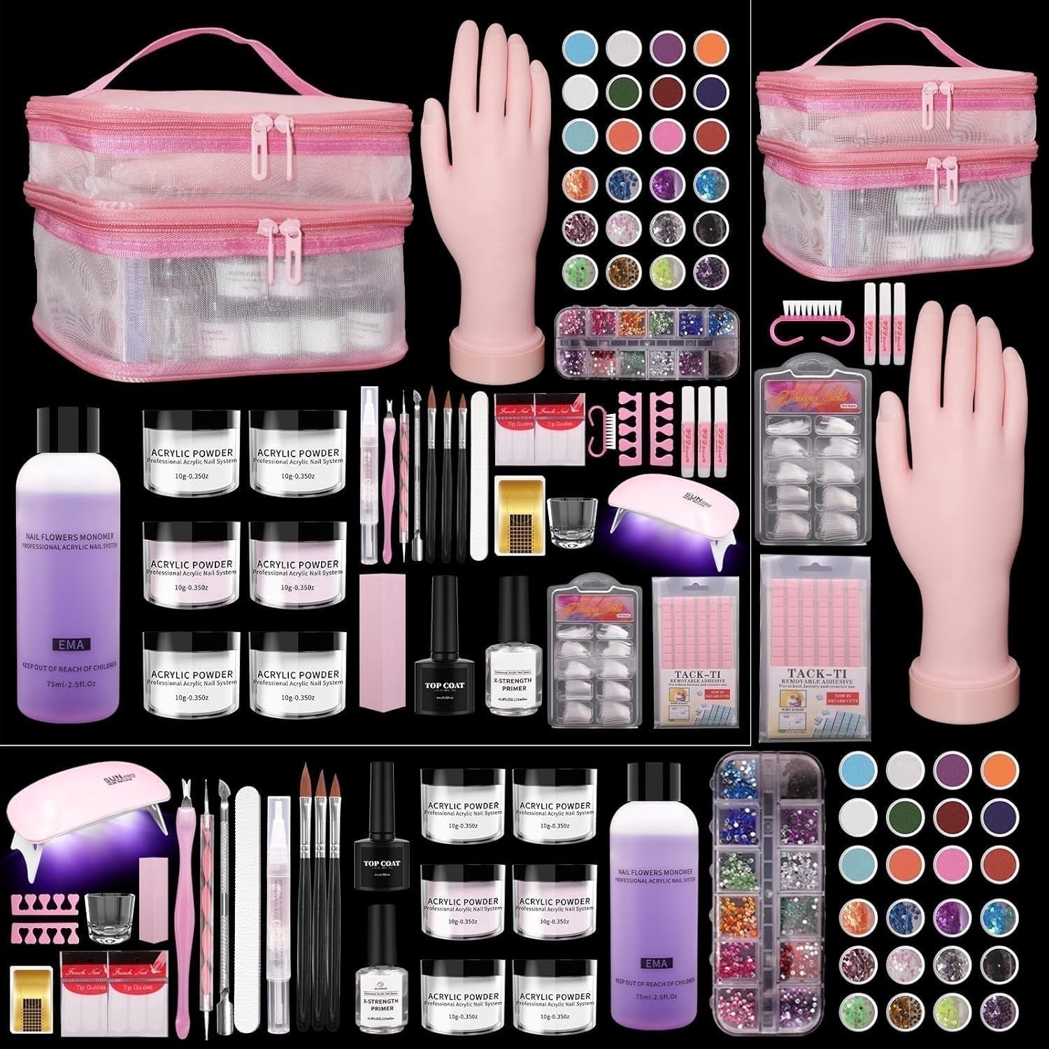Professional 6PCS Nail Powder Liquid Set with UV Lamp Manicure Acrylic Practice Hand Nail Kit with bag for Starter Home Salon Beginners
