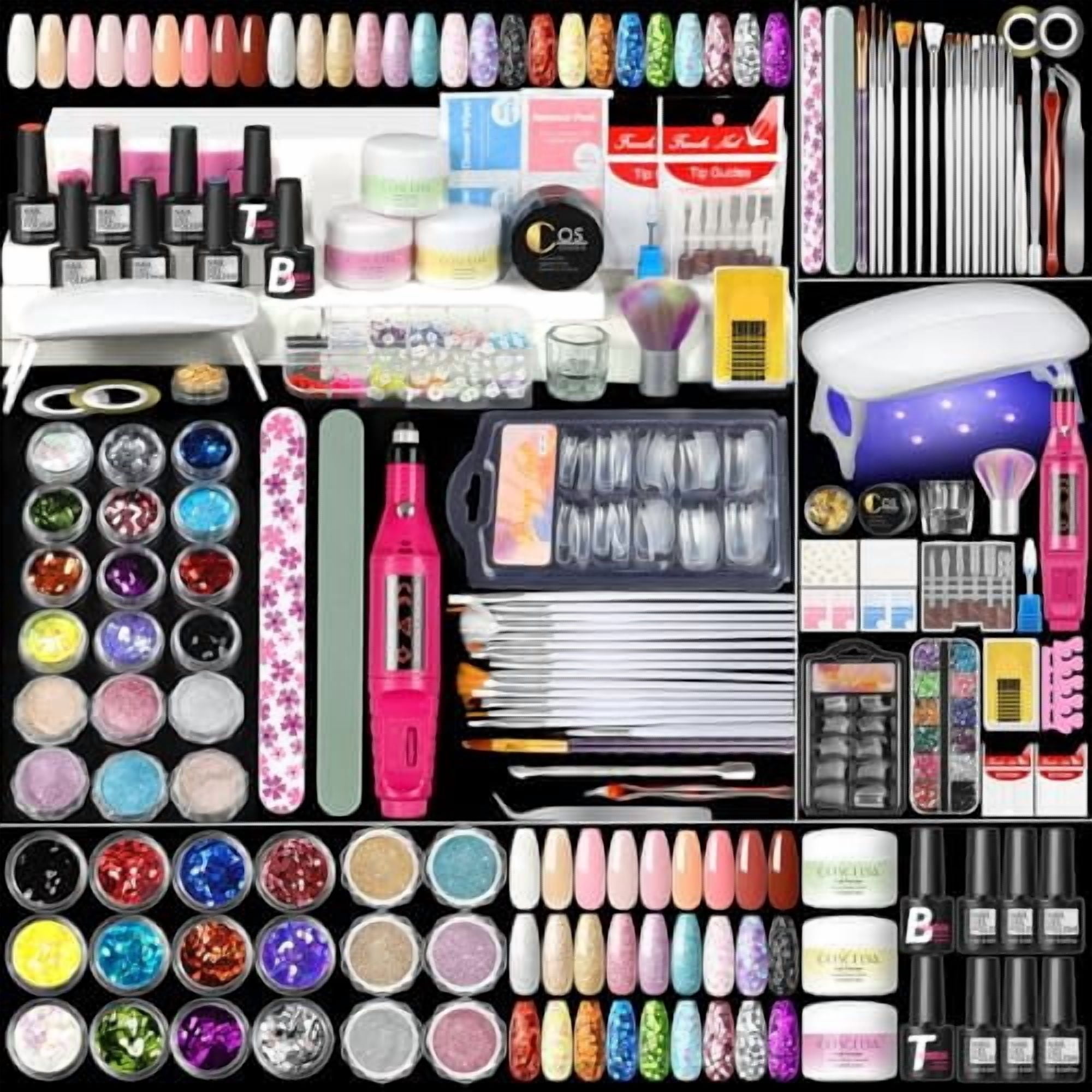 Acrylic Nail Kit for Beginners with Everything Professional Acrylics Powder 6pcs Gel Nail Polish 18pcs Glitter Decoration Powder Nails Kit Acrylic Set with Drill Light Gifts for Women