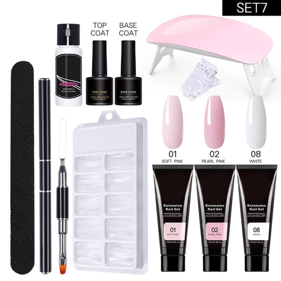 Acrylic Nail Kit, Gel Nail Extension Kit, 7 Color Quick Dry Gel Polish with 100 False Nail Tips and Foldable USB Nail Lamp, Long-Lasting Natural Finish, Easy DIY Home Salon Use