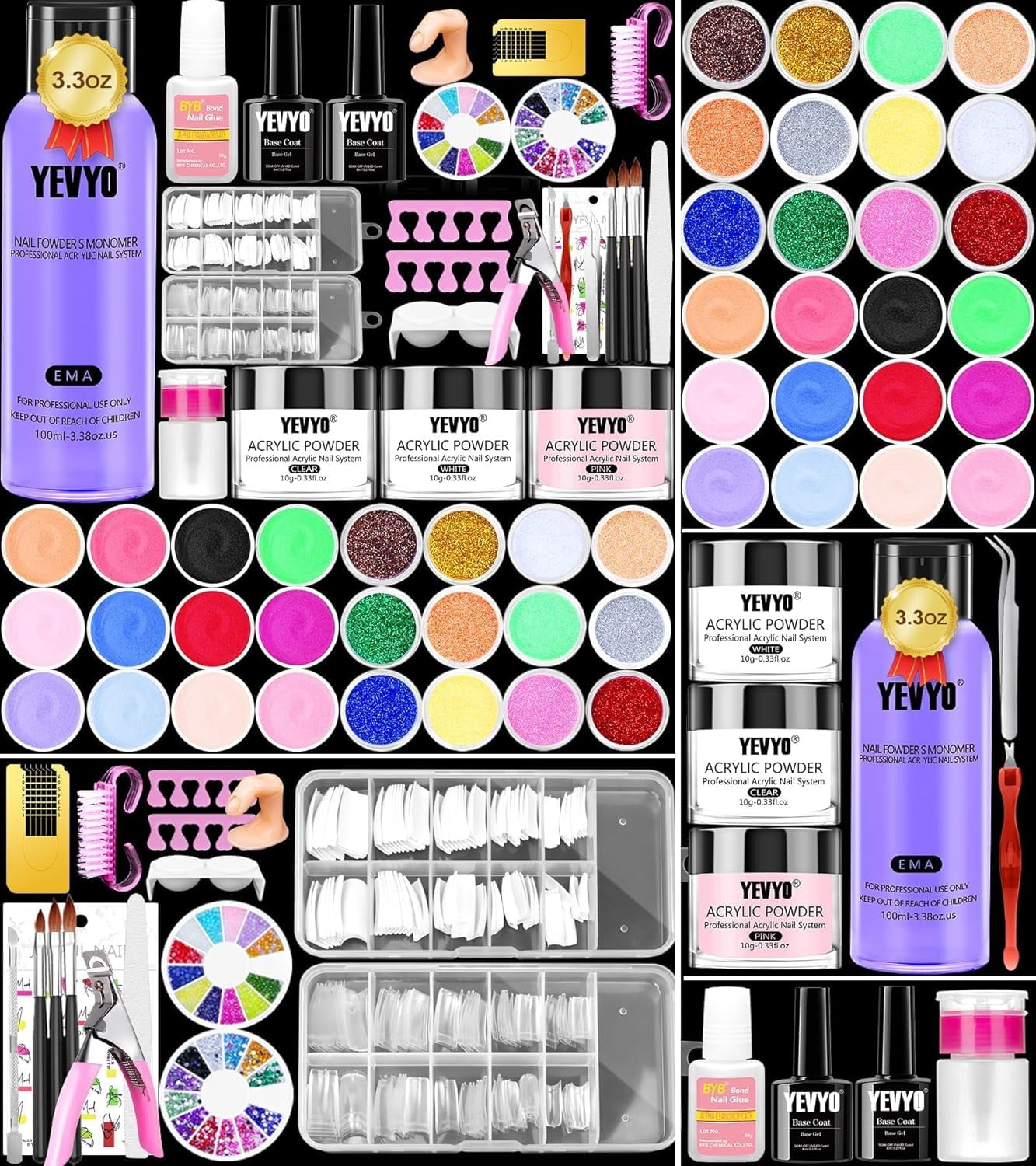 YEVYO Acrylic Nail Kit, Nail Kit for Beginners with Everything, 24 Colors Glitter Acrylic Powder and Liquid Monomer Set, 200 Pcs Nail Tips, 3 Pcs Acrylic Nail Brush for Home DIY Extension Nail Salon