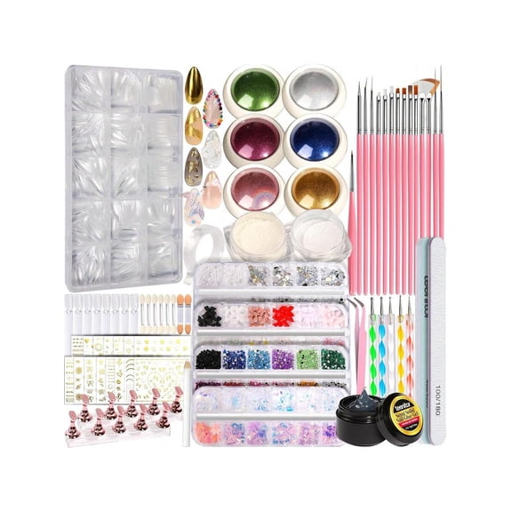 Acrylic Nail Kit With Chrome Powder, Almond Tips, Art Brushes, Charms, 3D Gel, Tools, Stand - Beginner Set