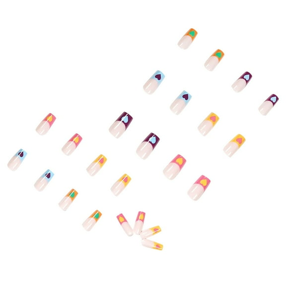 Acrylic Nails for Kids Age 8 Rainbow French Hearts Wear Manicures 24Pcs Press On Nails Medium Coffin Nails With Glue For Women And Girls 1ML Cute Mom Gifts for Women