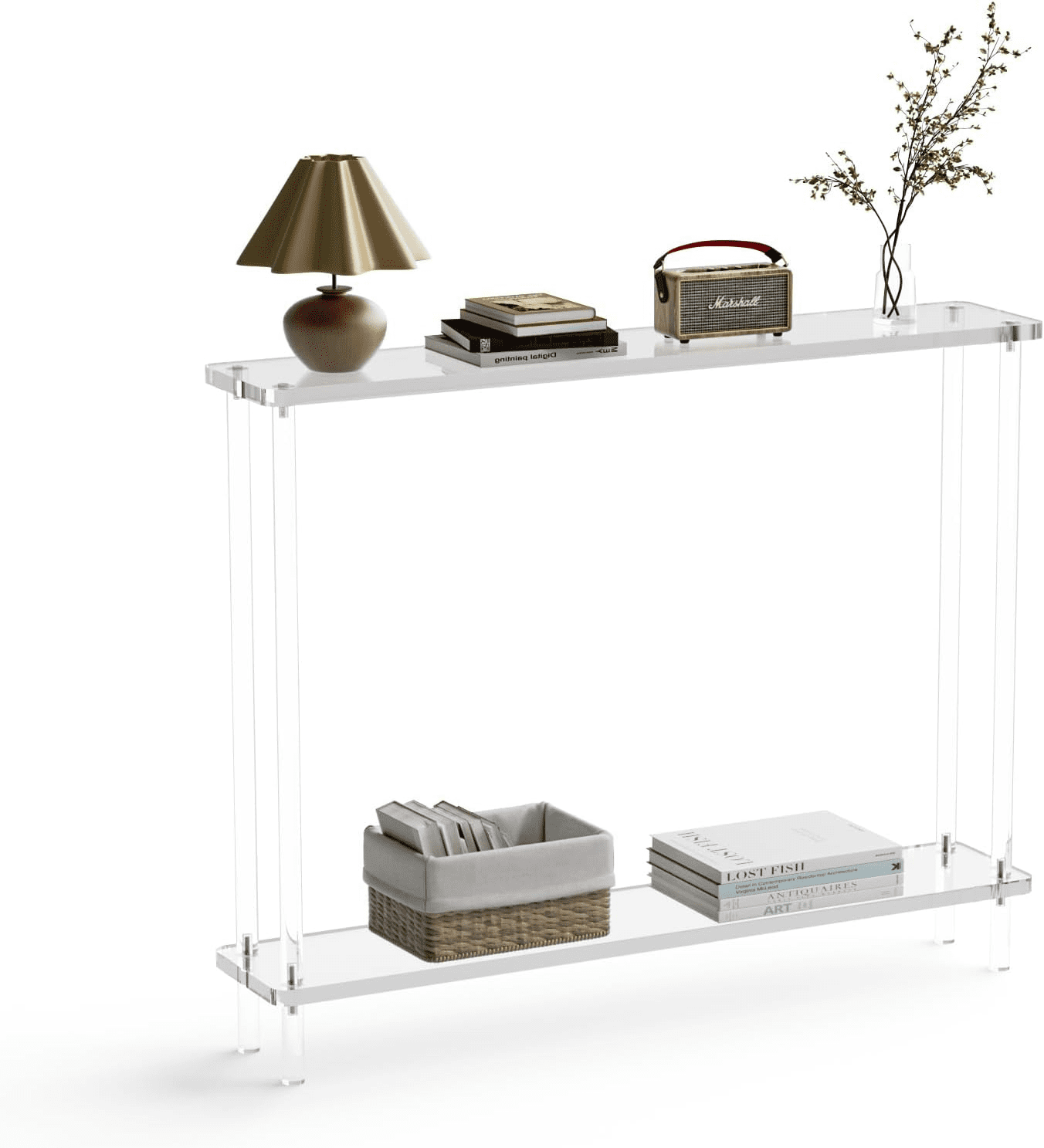 Acrylic Narrow Console Table for Entryway, 7.6" D x 39.4" W x 29.9" H, Square Legs, Skinny Entry Table for Sofa, Foyer, Hallway, Living Room, Modern, 2-Tier, Clear