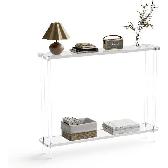 Acrylic Narrow Console Table for Entryway, 7.6" D x 39.4" W x 29.9" H, Square Legs, Skinny Entry Table for Sofa, Foyer, Hallway, Living Room, Modern, 2-Tier, Clear
