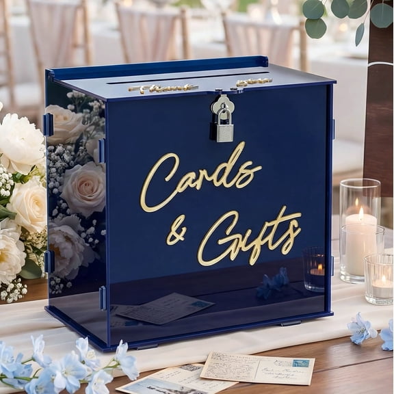 Acrylic Navy Blue Card Box With Slot And Lock For Weddings And Special Occasions