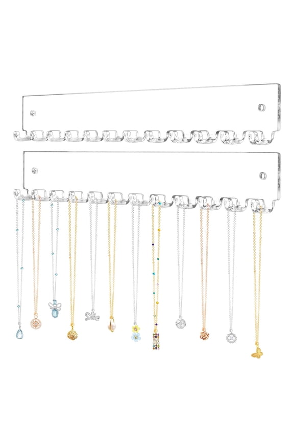 Acrylic Necklace Holder 2 Pack Wall Mounted Necklace Organizer Hanging Jewelry Organizer with 12 Hooks for Necklaces, Bracelets, Rings and Bangles Display