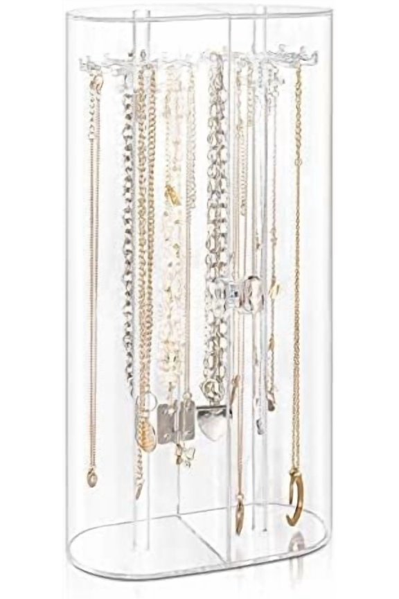 Acrylic Necklace Holder, Clear Necklace Organizer with 24 Hooks, Dustproof Rotation Jewelry Storage Holder Stand, Long Necklaces Pendant Bracelets Display Case for Dresser Bathroom Vanity Countertop