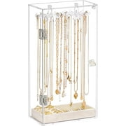 BOAILYDI Acrylic Necklace Holder, Necklace Organizer, Rotatable Clear Jewelry Organizer Display Case for Long Necklaces Pendant Bracelets, Jewelry Holder with Beige Velvet Tray for Rings Earrings