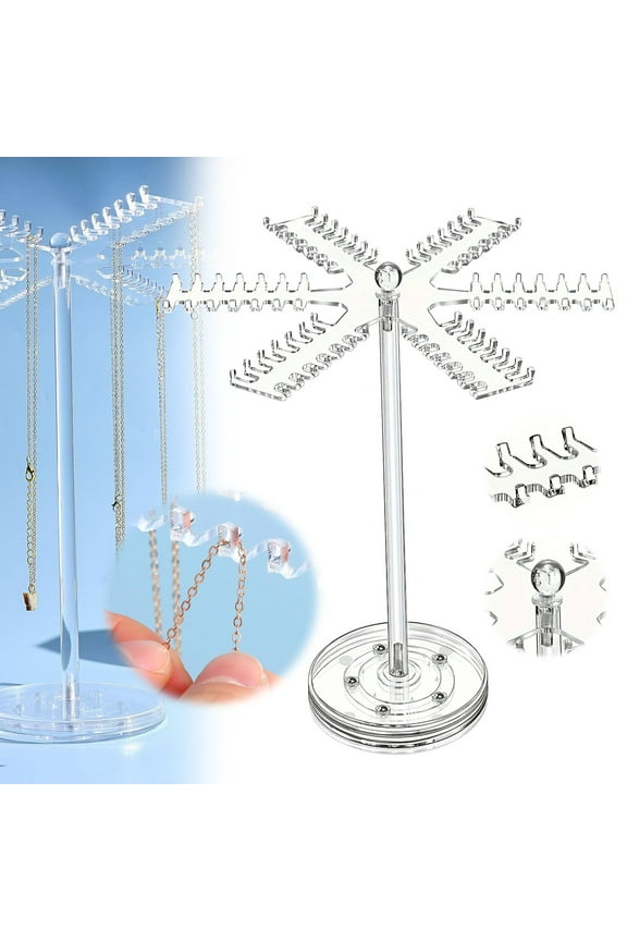 Acrylic Necklace Organizer, Rotating Necklace Holder Hanger, Transparent Jewelry Organizer Display Stand, With 84 Hangers Hanging Hooks, 1X1 Set Of Display Racks Hooks, Clear