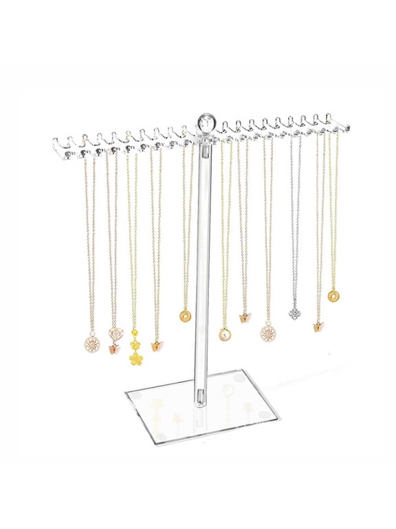Acrylic Necklace Organizer Stand Jewelry Display Tree Hanger Rack with Hooks for Necklaces Chains Pendants Bracelets Rings - Rotating Clear Jewelry Storage for Home Bedroom Dresser Countertop