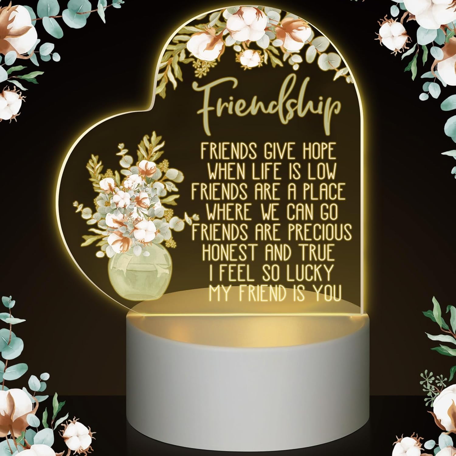 Acrylic Night Light Best Friend Gifts for Women Birthday Gifts for Her Friendship Gifts for BFF Girls Besties Sister Coloured Flower Lamp with Warm Colors LED Lamp Base(Cotton)