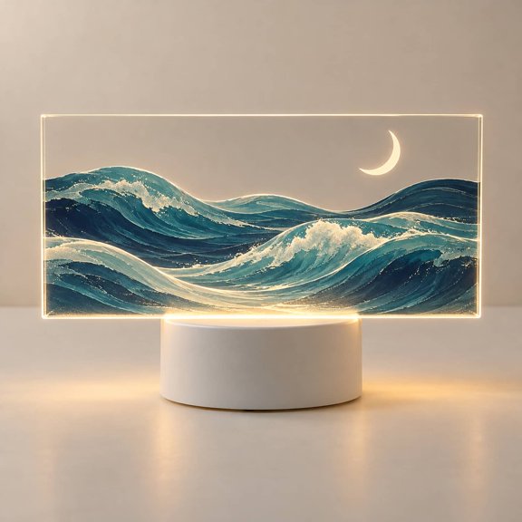 The Divine Night Lights, Ocean Waves and Crescent Moon, Horizontal rectangle Acrylic LED Night Light, Printed Panel with Base for Bedroom Decor