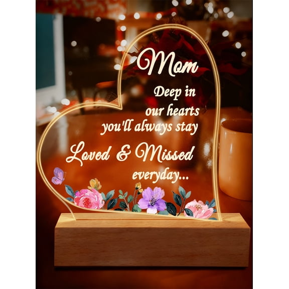 Acrylic Night Light Memorial Gift - Acrylic Plaque with Wooden Stand Sympathy Bereavement Gift for Mother, Remembrance Keepsake for Loss of Mom, Condolence Memory Decor for Home Bedroom