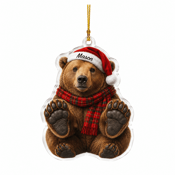 Acrylic Ornament Brown Bear Santa Hat Plaid Scarf Christmas Tree Hanging Gift
