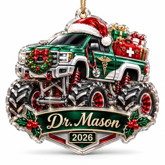 Acrylic Ornament, Christmas Doctor Monster Truck, Tree Hanging Gift for Physicians